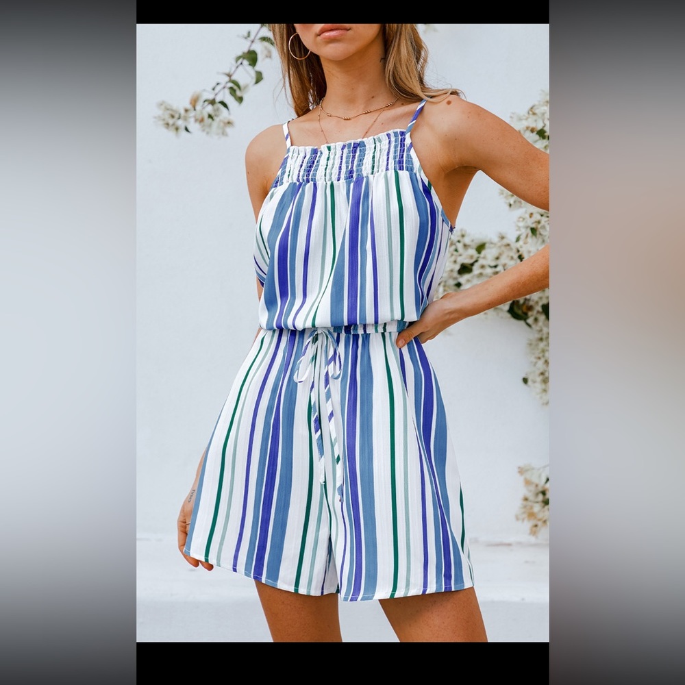 Never Worn! CUPSHE Striped Drawstring Cami Romper! Size Medium. - Picture 1 of 6
